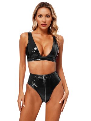 Womens Wet Look Patent Leather Lingerie Set Clubwear