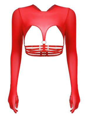 iEFiEL Women's Stretchy Semi Sheer Mesh Shrug Tops Long Sleeve with Gloves Nylon Tights Crop Top Blouses