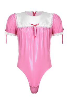 Men Patent Leather Sissy Maid Cosplay Bodysuit