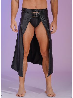 iEFiEL Mens PU Leather Half Skirt Scottish Adjustable Belted Asymmetrical Skirts Utility Kilt Club Costume