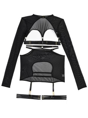 iEFiEL Womens Sheer Hollow Out Cropped Tops with Mini Skirts Set Night Party Club Outfits Nightdress Lingerie