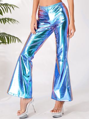 Womens Shiny Holographic Bell Bottom Flared Trousers Cosplay Dancing Party Stage Performance Long Pants