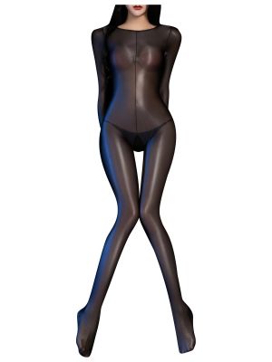 iEFiEL Women Ultra Thin Sexy Oil Shiny Glossy Full Bodystocking Silky Nylon Sheer Bodysuit Hooded Catsuit with Gloves