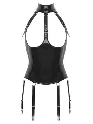  Sexy Lingerie Patent Leather Cupless Tank Tops with Garter Clips