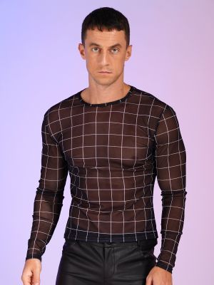 iEFiEL Men's Plaid Nylon Mesh Shirt See Through Sheer Long Sleeves T Shirts Sexy Transparent Shirts Underwear