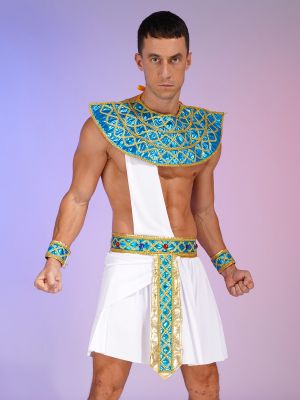 iEFiEL Men's One Shoulder Strap Skirt Cosplay Ancient Greek God Gladiator Costume with Collar Cuffs Set