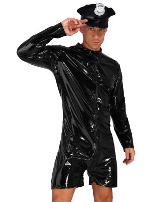 Mens Police Cosplay Costume Jumpsuits with Hat