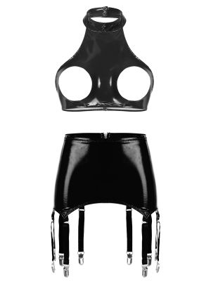 Womens 2pcs Wet Look Patent Leather Lingerie Set Clubwear