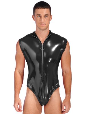 Men's Zipper Stand Collar Patent Leather Bodysuit 