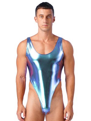 Men's Wetlook Faux Leather Leotard Bodysuit 