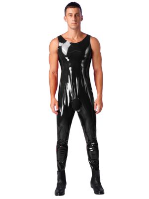 Men's Wet Look Patent Leather Bodysuit Jumpsuit 