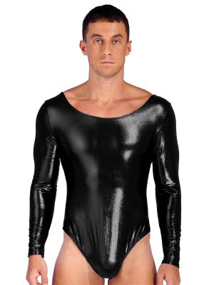 Mens Wet Look Patent Leather Long Sleeves Leotard