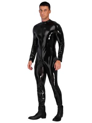 Mens Wet Look Long Sleeve Jumpsuit Bodysuit