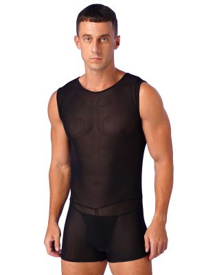 2 Pcs Mens Sheer Mesh Bodysuit and Panty Set 