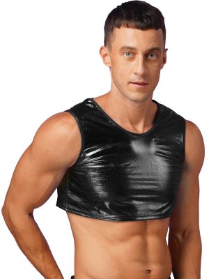 Men's Metallic Shiny Sleeveless Crop Tank Tops 