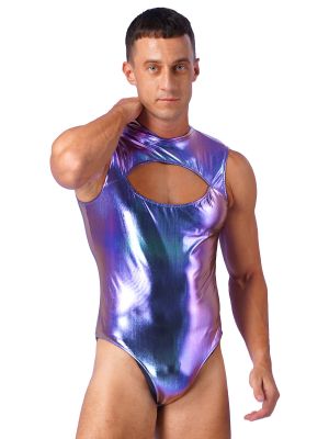 Men's Metallic Shiny Front Cutout Bodysuit  