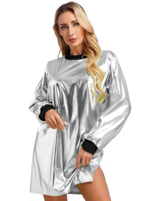 Women's Plus Size Metallic Long Sleeve Round Neck T Shirt Dress