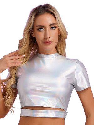 Women's Sparkle Mock Neck Crop Top Club Blouse