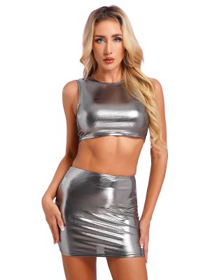 Women's 2-Piece Shiny Metallic Clubwear Outfits 