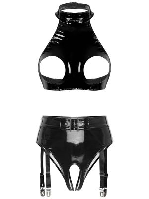 Women's Hollow out Latex Halter Top with Panty Set