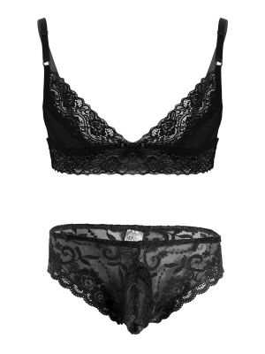 Mens Sissy 2pcs Floral Lace Bra Top and Briefs Lingerie Set 