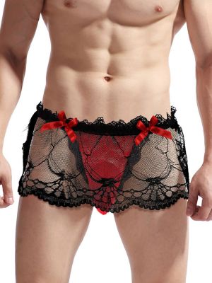 Mens Sissy Lace Skirted Bulge Pouch Thong Lingerie