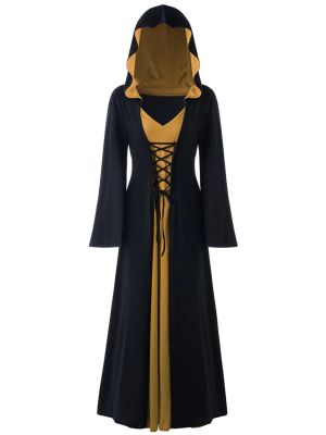 Women Renaissance Medieval Lace-up Front Hooded Dress Witch Costume