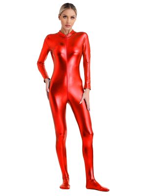 Women Long Sleeve Metallic Shiny Zentai Jumpsuit Full Body Unitard