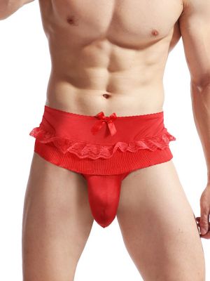 Mens Lace Ribbed Bowknot Skirted T-back Sissy Underwear