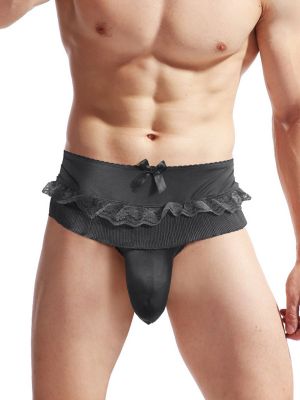 Mens Lace Ribbed Bowknot Skirted T-back Sissy Underwear