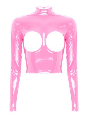Womens Long Sleeve Patent Leather Shiny Cup Cutout Top