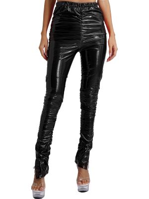 WomensPU Leather High Waist Stacked Ruched Split Pants