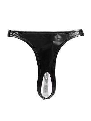 Womens Open Crotch PU Leather T-Back Briefs Underwear