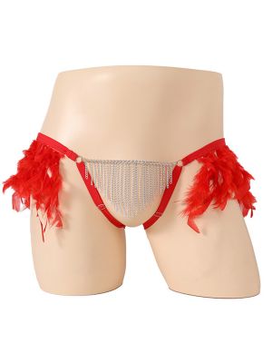 Mens Tassel Feather Thong Briefs with Metal Chain Front