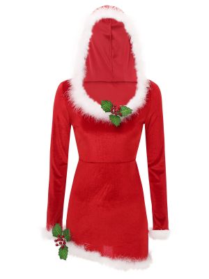 Womens Velvet Christmas Mrs Claus Hooded Dress