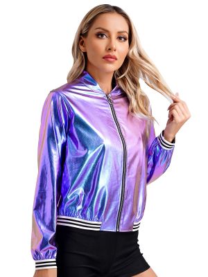Womens Holographic Metallic Shiny Bomber Jacket 
