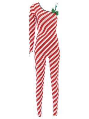 Womens Christmas Bow Striped Candy Cane Jumpsuit 