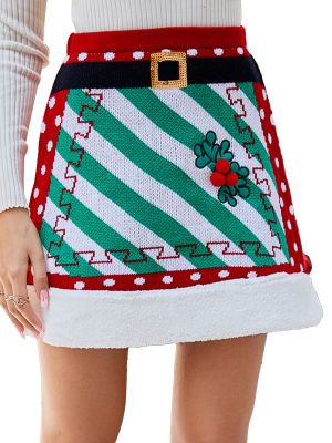 Womens Christmas Stripe Dot Print Knitted Skirt 