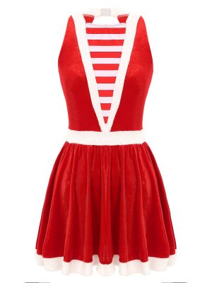 Womens Sleeveless Christmas Santa Velvet A-Line Dress