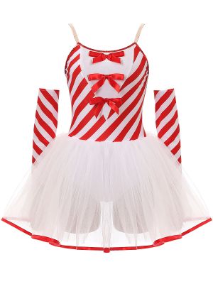 Womens Christmas Candy Cane Tutu Dress with Gloves