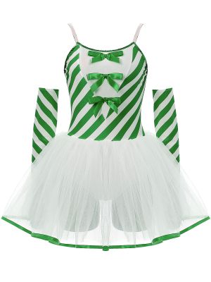 Womens Christmas Candy Cane Tutu Dress with Gloves