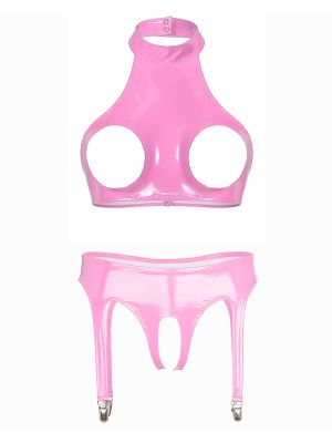 Womens Sexy Patent Leather Shiny Lingerie Set 