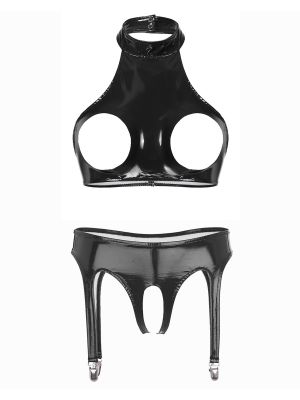Womens Sexy Patent Leather Shiny Lingerie Set 