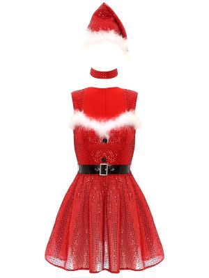 Womens Christmas Santa Sequin Dance Costumes Outfit 