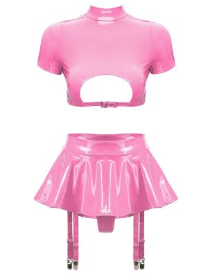 Womens 2pcs Patent Leather Zipper Crop Top and Mini Skirt Clubwear