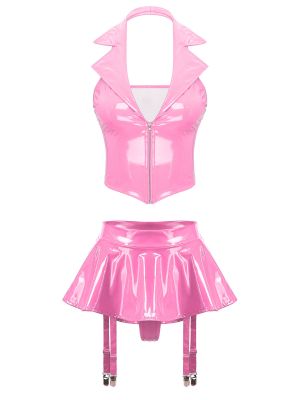 Womens Sexy Wetlook Crop Top with Miniskirt Garter Clips