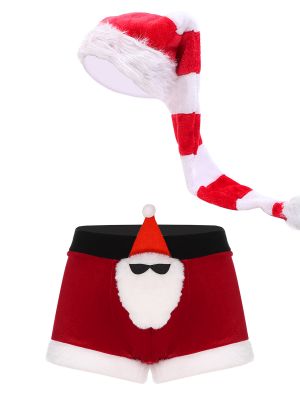 Mens Velvet Christmas Boxer Shorts with Striped Hat