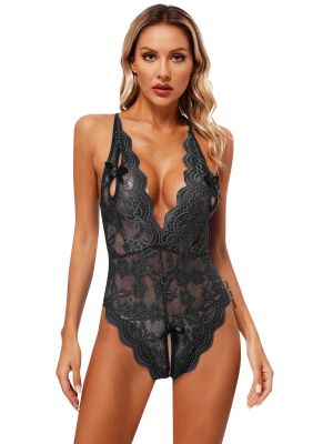 Womens Lace See-Through Open Crotch Bodysuit Lingerie
