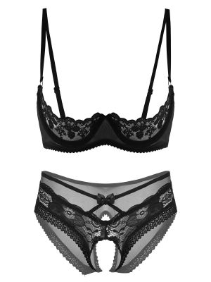 Women 2pcs Lace Cupless Bra with Crotchless Briefs Lingerie Set