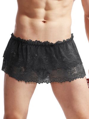 Mens Lace Skirted Bulge Pouch Thong Sissy Underwear